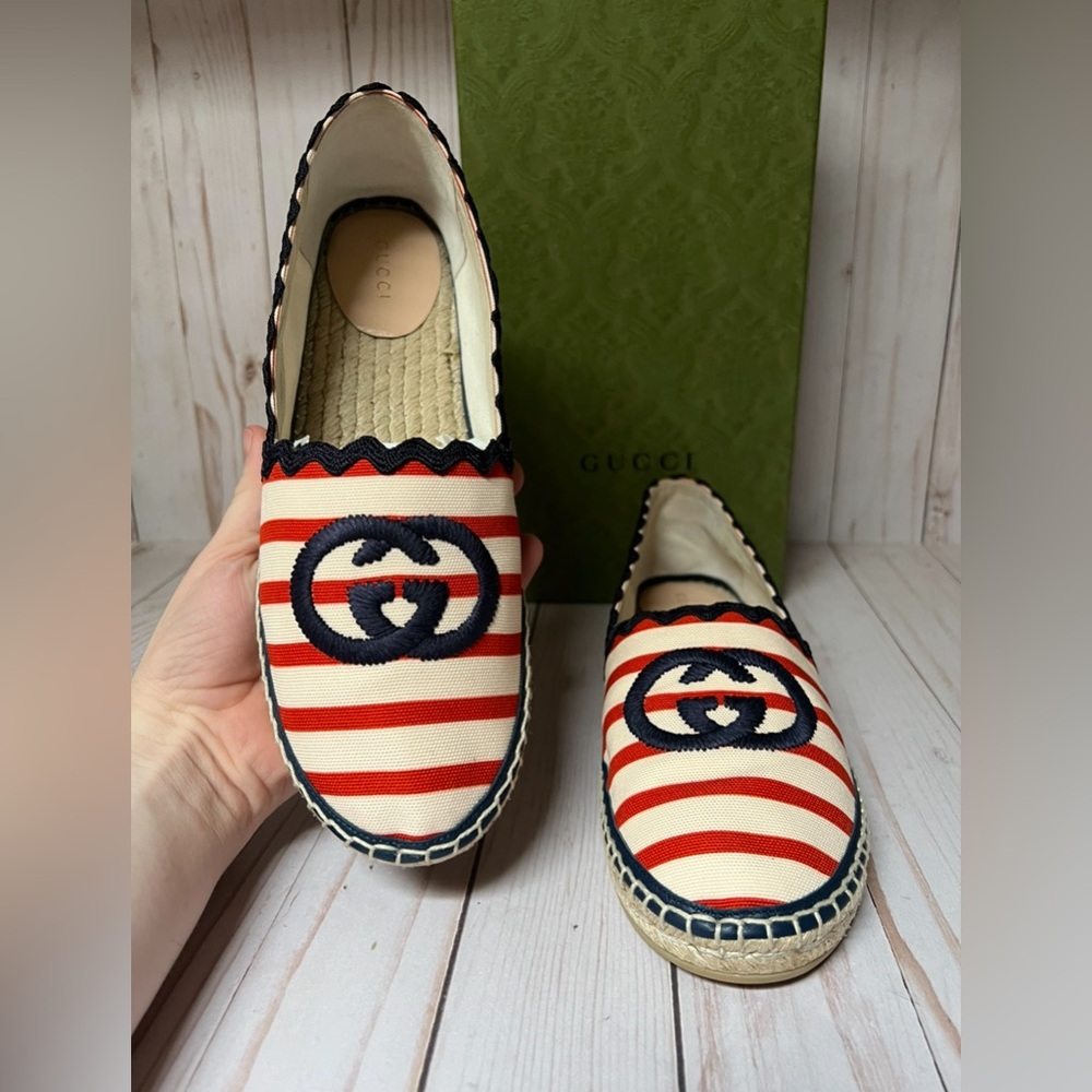Gucci Interlocking G Striped Canvas Espadrille Flat Sz 40.5 / 10.5 - Picture 7 of 11